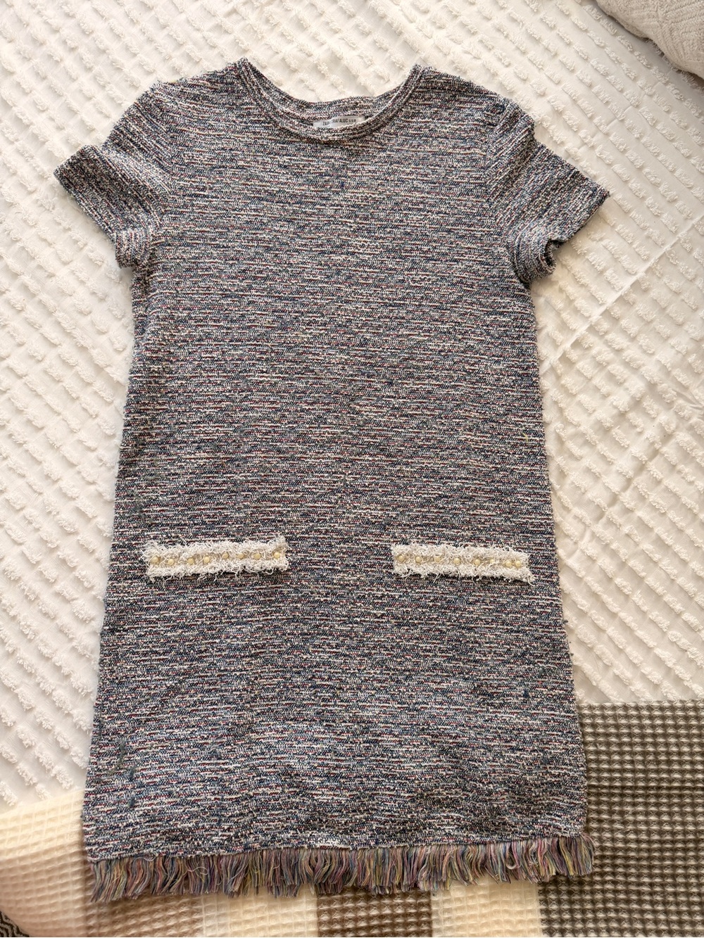 Zara Multicolor Knit Shift Dress with Fringe Trim